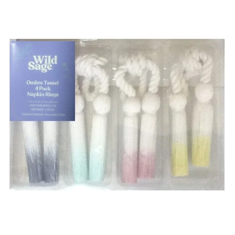 8 Wild Sage Colorful Ombre Rope Tassel Napkin Rings White Yellow Pink Blue Green